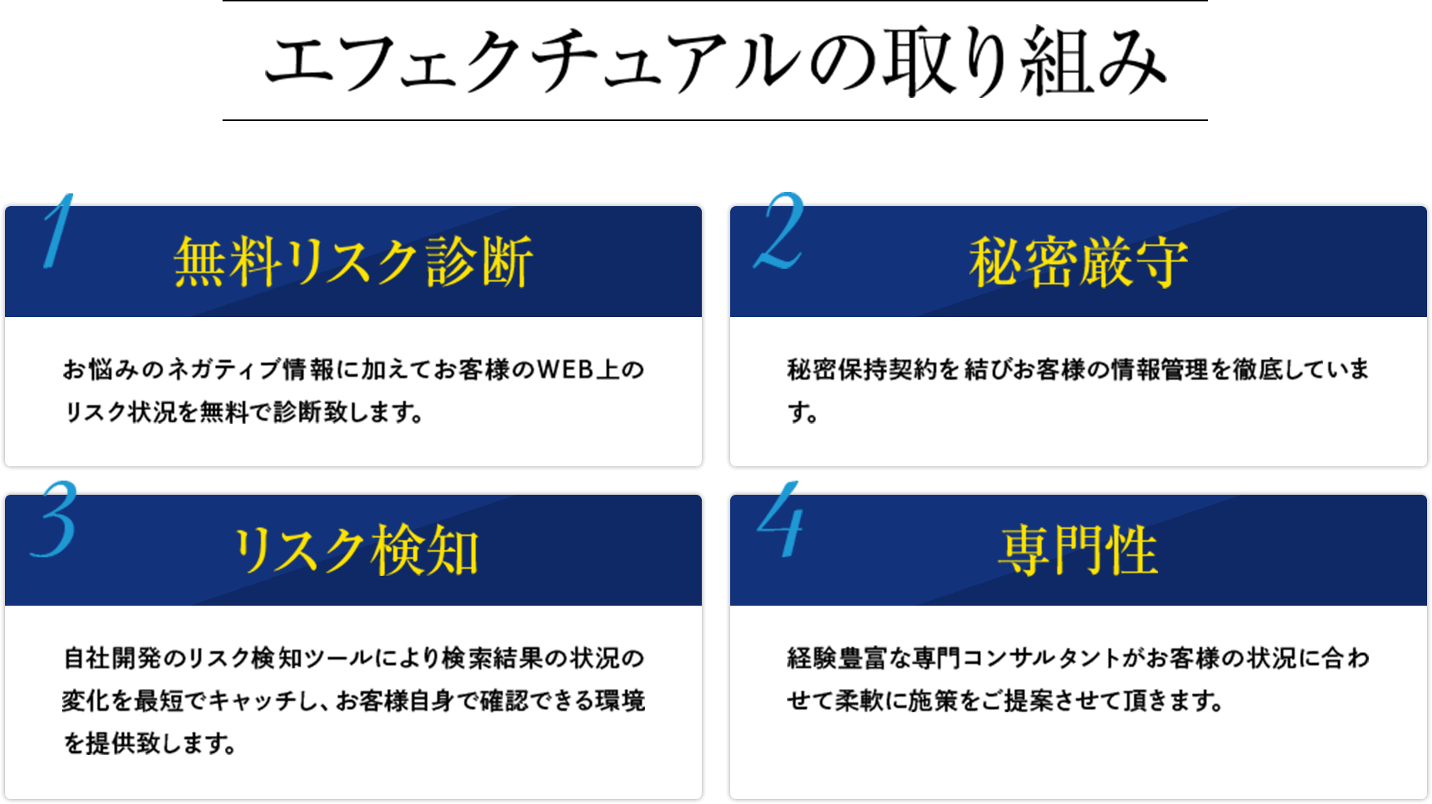 エフェクチュアルの取り組み：無料リスク診断／秘密厳守／リスク検知／専門性