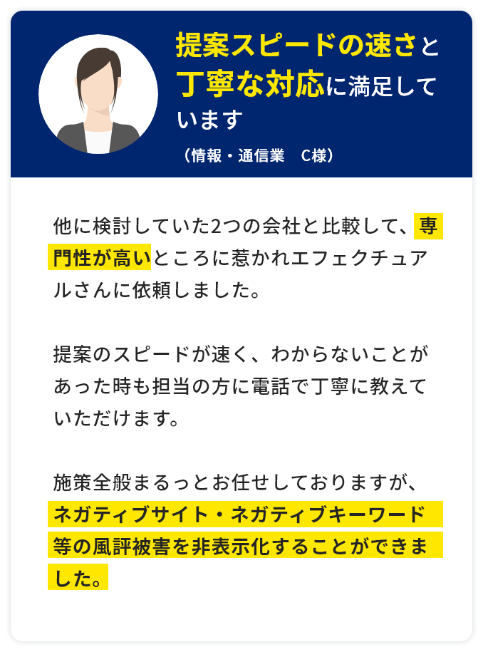 提案スピードの速さと丁寧な対応に満足しています